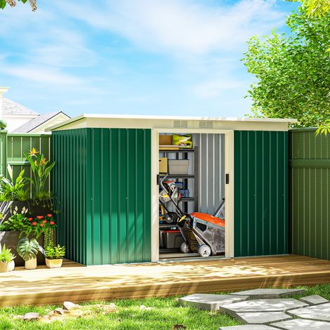 Outsunny Metall Gerätehaus 6,3m³ 280x130x172cm Geräteschuppen mit Pultdach Schiebetür wetterfest Gartenhaus Outdoor Garten Schuppen Schrank für Hinterhof Außenbereich Anthrazit, Dunkelgrün