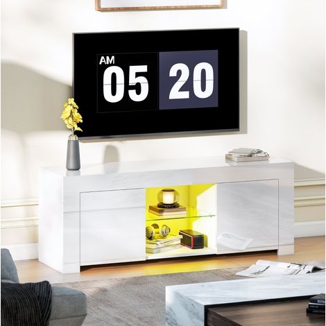 Mueble TV 120x34x45 cm blanco con 2 puertas, estantes abiertos y LED RGB (1/5)