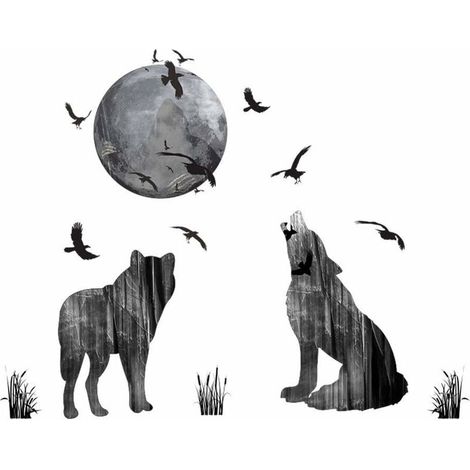 Stickers muraux FAMILLE DU LOUP (70x85 cm) I autocollant sticker mural décoratifs animaux forêt oiseaux lune I Déco pour salon chambre cuisine couloir moderne adulte ado,Seuçais (1/5)