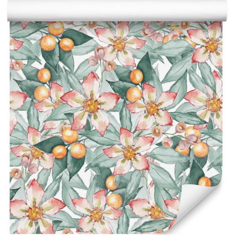 Papel pintado con hojas y flores coloridas en estilo acuarela, 50x1000 cm. (1/5)
