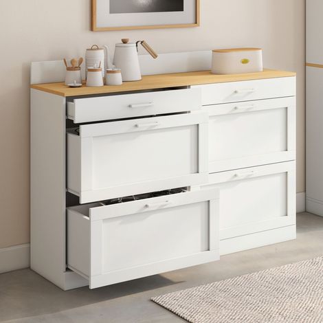 Aparador bajo de cocina 120 cm casserolier VITO encimera H.83 cm 1 puerta + 3 cajones en blanco y encimera efecto haya