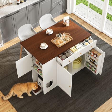 Kücheninsel, Küchenwagen & Sideboard mit Schubladen – mit ausziehbarer Arbeitsplatte, Würzregal, Haustierfressbereich (ohne Katzensteller), Weiß + Nussbaumfarbe, 120×(40+30)×90 cm (1/5)