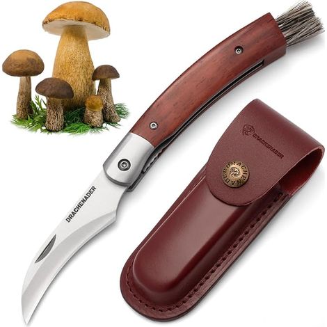 Mushroom Knife, Mushroom Knife with Brush, Liner Lock, Leather Case, Steel, Wooden Handle, for Picking and Cleaning Mushrooms (1/5)