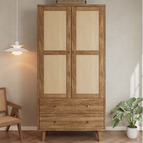 Armario ropero 80x50x180 cm MDF nogal natural con decorado de ratán - CHICFURN (1/5)