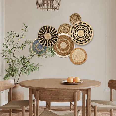 Lot de 7 paniers muraux ronds en osier Paniers tissés à suspendre en macramé pour salon, chambre à coucher, salle à manger, bureau (1/5)