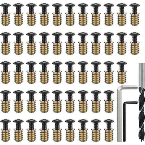 50 jeux d'inserts filetés et de boulons 1/4-20 x 19/32" pour bois, assortiment de vis et écrous à six pans creux pour meubles (1/5)
