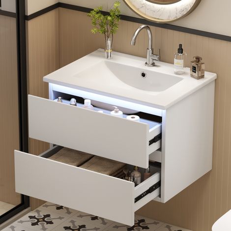 Meuble lave-mains suspendu MDF laqué blanc avec vasque en céramique 61x46x45 cm, 2 tiroirs et éclairage LED à capteur (1/5)