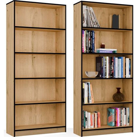 R80 Librería - Mueble para libros y archivadores - 5 estantes - 80x182x30 cm - ROBLE ARTISAN / NEGRO (1/5)