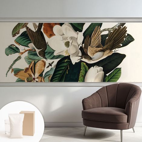 Papier peint intissé mural pour salon chambre à coucher tendance et originale - Colle incluse gratuite Oiseaux et magnolias 250x104 cm (1/5)