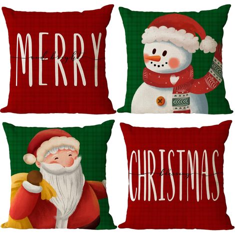 Fundas de almohada navideñas de 45 x 45 cm, juego de 4. Fundas de almohada decorativas con el mensaje "Feliz Navidad", ideales para decorar un sofá de exterior. (1/4)