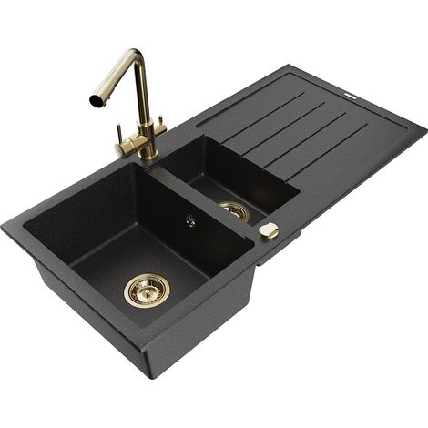 Mexen Andres fregadero de granito de 1,5 senos con escurridor y grifería de cocina Duero, negro/plata - 6515-73-671600-50 (1/5)