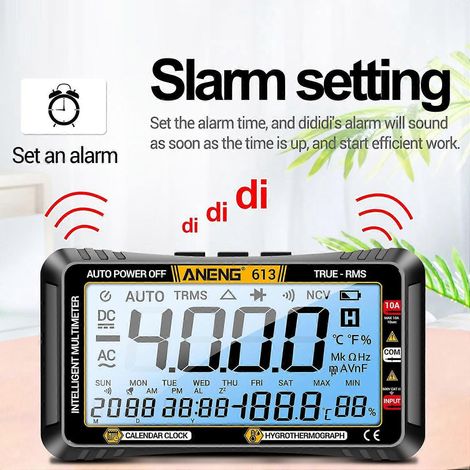 Multimètre intelligent 3 en 1 ANENG 613 avec calendrier perpétuel, thermomètre et hygromètre, 4000 compteurs, affichage numérique alternatif/continu
