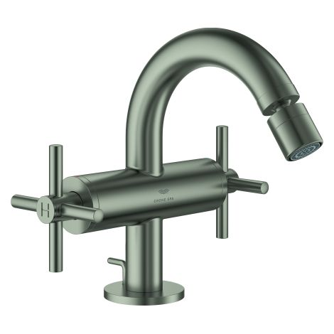 GROHE Zweigriff-Bidetbatterie Atrio 24353, Einlochmontage, mit Kreuzgriffen, Zugstangen-Ablaufgarnitur 1 1/4'', satin steel