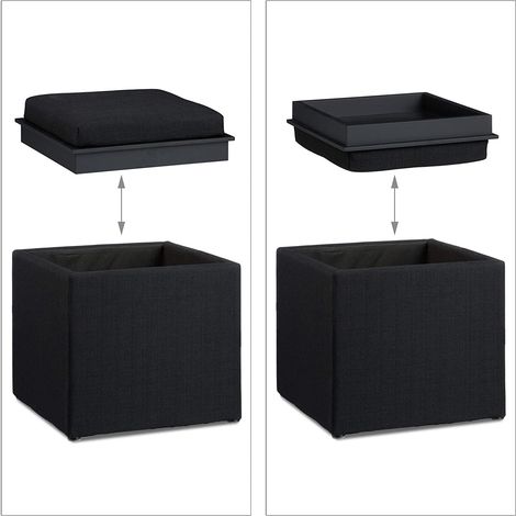 Tabouret coffre de rangement plateau lin noir (1/4)