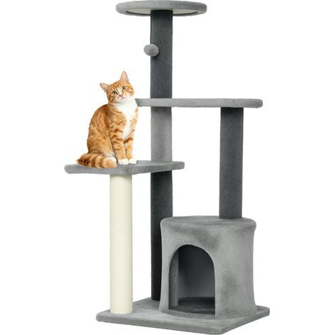 Árbol para gatos, 103 cm de alto, plataformas, cueva de peluche, pelota de peluche, postes rascadores de sisal, base reforzada, gris. (1/5)
