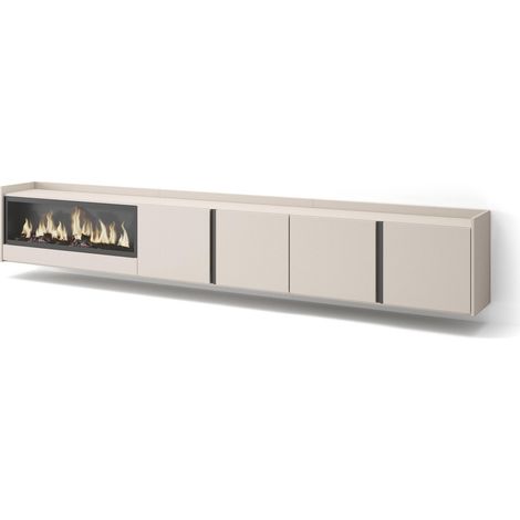 Skraut Home - Meuble TV, Banc Télé, Grand espace de Rangement, 315x35x50cm, Pour les TV jusqu'à 80", Cheminée électrique XXL, Suspendu, Mural, Style moderne, Beige (1/5)