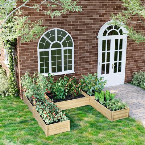 Jardinière d'extérieur modulaire à fond ouvert en bois de sapin, composée de 5 pièces. 230 x 230 x 28 cm.