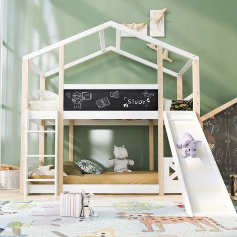 Lit cabane enfant 90x200 cm blanc/naturel avec toboggan, échelle, lit surélevé et 2 sommiers à lattes