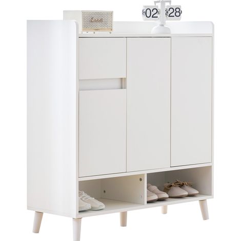 Schuhschrank mit verstellbaren Einlegeböden und offenen Fächern, Massivholzbeine, für Flur, 90×35×99 cm (1/5)