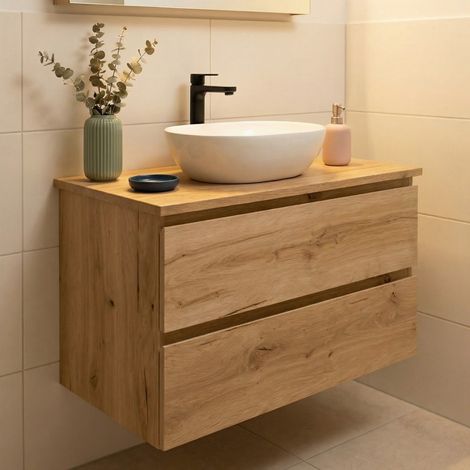 B-Way 99x50x45 cm mueble de baño suspendido con encimera, 2 cajones, roble mate (BWAY2100OAKDESK)