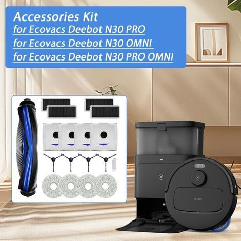 Accessoires de Rechange pour Ecovacs Deebot N30 PRO OMNI/ N30 OMNI/ N30 PRO, Pièce avec 1 Brosse Principale, 4 Filtres HEPA, 4 Serpillère, 4 Sac à Poussière, 4 Brosses Latérales (1/3)