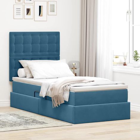 Bett mit Stauraum und LED mit LED Dunkelblau 90 x 200 cm Samt