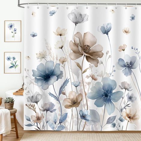 Rideau de Douche Fleurs Aquarelle Bleu Marron Été 180x200cm (1/5)