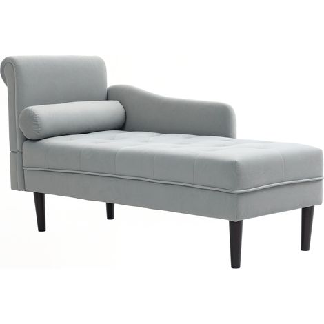 Chaise longue velours gris matelassé bois massif mousse 146x61x82.5 cm