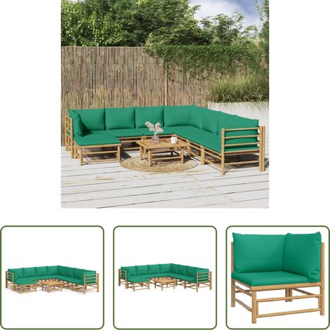 Bambusmöbel -  9-tlg. Garten-Lounge-Set mit Grünen Kissen Bambus (1/5)