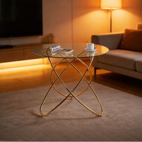 Mesa de comedor 88x86x15 cm dorado en vidrio y metal con diseño estable (1/5)