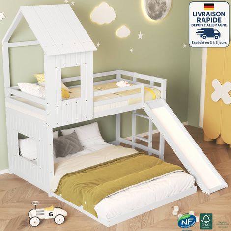 Litera 140x200CM + 900x200CM. Cama tipo casa del árbol. Con tobogán, estructura de casa del árbol/Madera con certificación PEFC-Blanco (1/5)