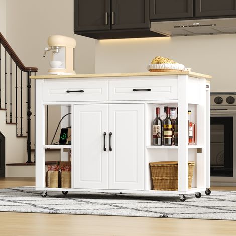 REDOM Desserte de cuisine 120x50x93 cm plan de travail extensible, prise électrique, avec 2 tiroirs et 2 portes d'armoire avec étagères blanc