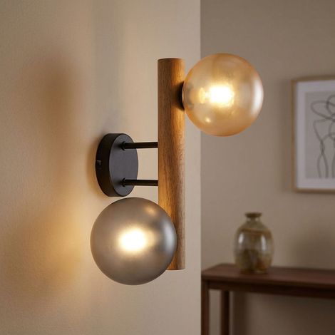 Applique murale, lampe de couloir, métal, aspect bois, noir, globes en verre, H 32 cm (1/5)