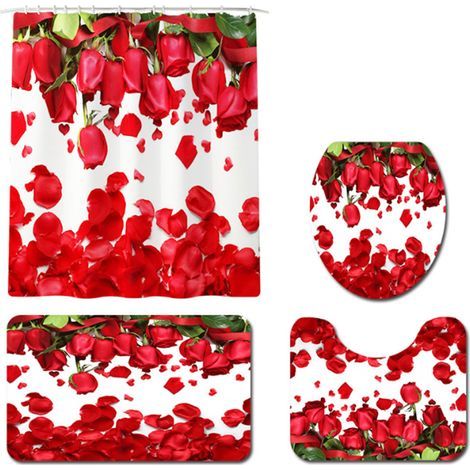 Ensemble de rideaux de salle de bain à fleurs de roses, décoration de maison, tapis de douche rouge à fleurs romantiques, couverture de couvercle de toilette (1/5)