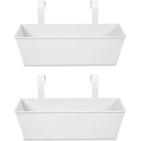 Lot de 2 pots de fleurs suspendus rectangulaires en métal blanc, avec 4 trous de drainage et crochets, pour balcon ou rambarde. (1/5)