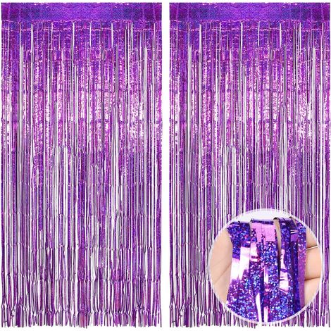 2 Pièces Rideau métallique, Frange scintillante violet, Décoration fête aluminium, Fond photo mariage anniversaire Noël 1x2m (1/5)