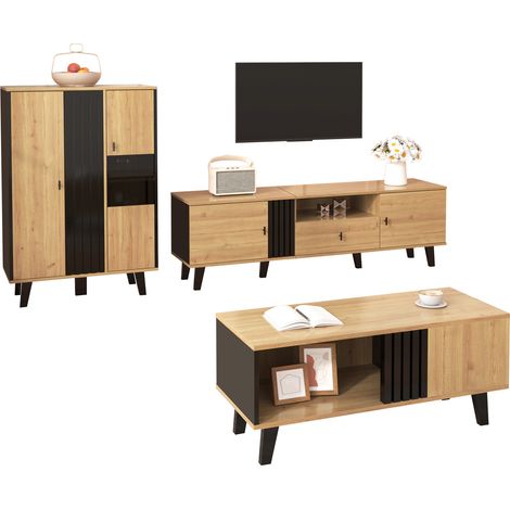 Set de muebles de salón 3 piezas madera y negro con LED, mesa TV 170 cm y aparador HOMVRA (1/5)