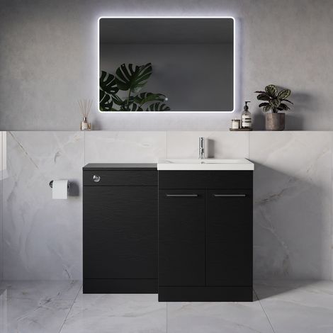 Napoli 390 Nero Oak 1100mm 2 Door Vanity Unit Toilet Suite with Glide Basin - 1100mm - Chrome 160mm HandleWithout Kingston Toilet Pan