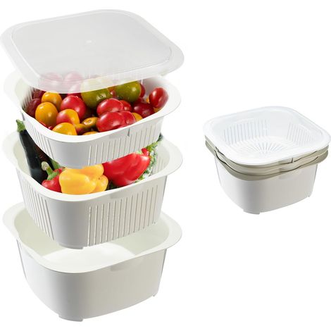 Panier à linge à légumes, passoire de cuisine en plastique à 3 niveaux avec couvercle, passoire multifonction 3 en 1 pour le stockage des aliments, des fruits, passe au micro-ondes et au (1/5)