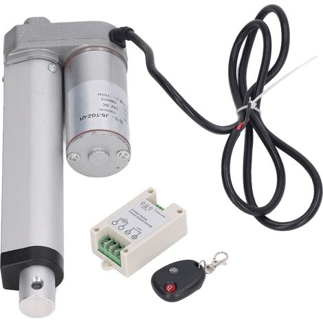Vérin électrique linéaire miniature 750N 100mm 12V pour motorisation extérieure, agriculture, voie robotique, domotique. Blanc avec contrôleur et télécommande. (1/5)