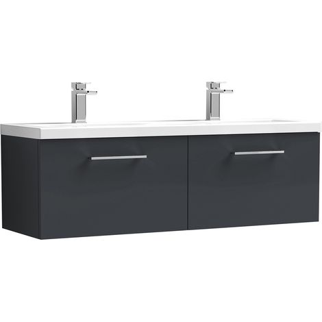 Nuie Arno Satin Soft Black 1200mm Wall Hung 2 Drawer Vanity Unit with Double Ceramic Basins - ARN1422F (1/2)
