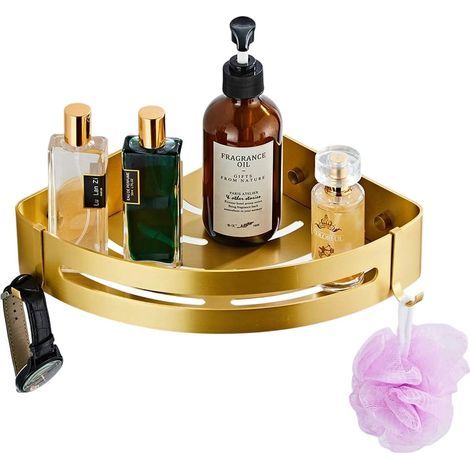 Eckregal fürs Badezimmer – Gebürstetes Gold – Mit integrierten Haken – Montage per Bohren oder Kleben – 2er-Set (1/5)