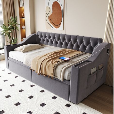 Divano letto trasformabile 90x190 cm in velluto grigio con contenitore e USB FloraGrace (1/5)