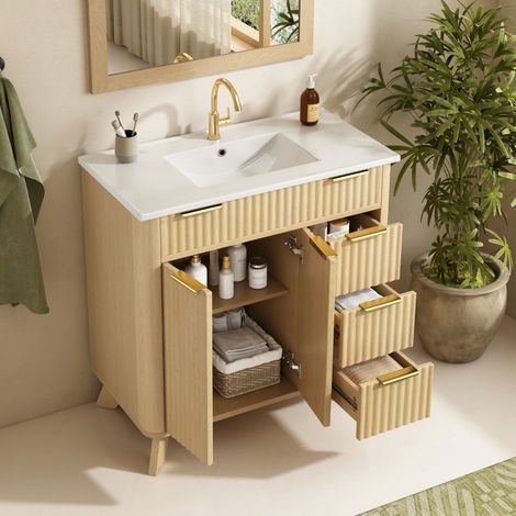 Mobile bagno 81x47x90 cm, lavabo in ceramica, 3 cassetti, doppie ante con ripiano, colore legno naturale (1/5)
