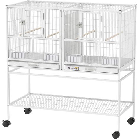 Grande cage à oiseaux avec séparateur, roulettes, 4 mangeoires, 4 perchoirs, étagère, 2 plateaux amovibles, 95 x 45,5 x 102 cm, blanche (1/5)