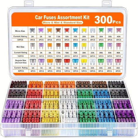 300-teiliger Kfz-Sicherungssatz, bestehend aus 160 Mini-Sicherungen, 90 Standard-Sicherungen, 50 Mikro-Sicherungen und einem Sicherungszieher. Aluminiumlegierung, verschiedene Farben, unbestückt.