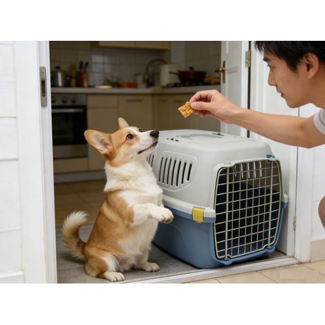 Grande cage de transport en plastique pour animaux de compagnie Cage de transport homologuée pour le transport aérien pour chiens et chats Cage portable avec fermeture sécurisée 55 x 35 x 34 cm (1/5)