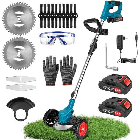 Coupe-bordures à batterie, tondeuse à gazon sans fil avec batterie de 2000 mAh et 3 lames de coupe, coupe-mauvaises herbes, outil pour jardin et cour, tondeuse à gazon, coupe-bords, pelouse (1/5)