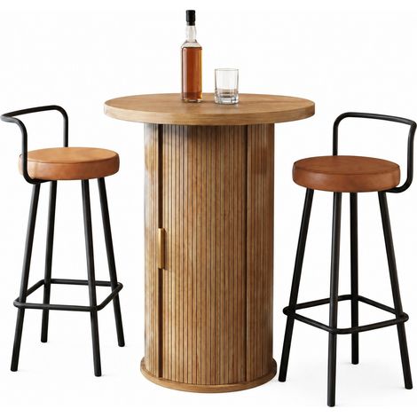 Lot de 3 table haute de bar ronde avec rangement, 2 tabourets ergonomiques, MDF et métal, finition bois, pour cuisine, salon et coin bar - CHICFURN (1/5)