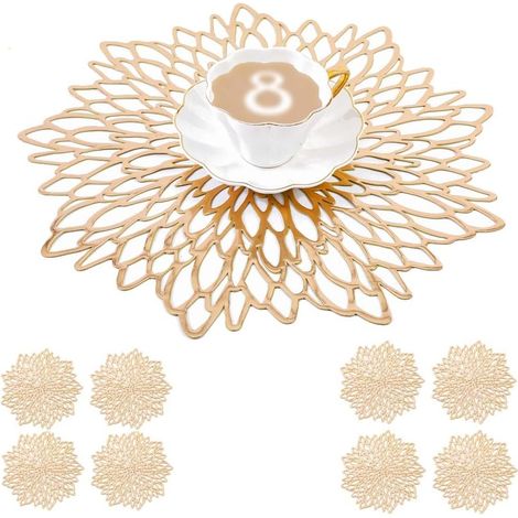 8er Set goldene Platzsets & Untersetzer (Rund, 38cm), abwischbares Tisch-Set für Festlichkeiten wie Weihnachten, Hochzeit